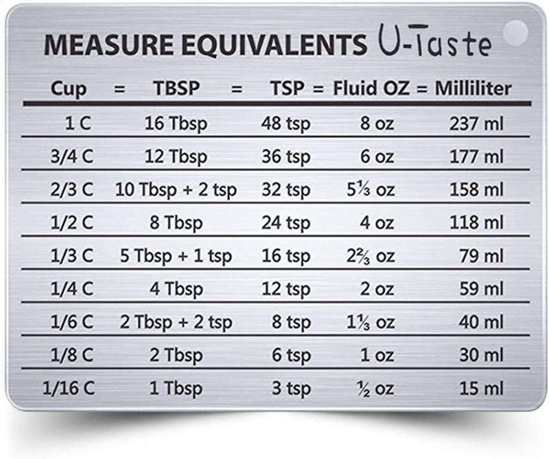 U-Taste Professional Measurement Conversion Chart Refrigerator Magnet in 18/8 Stainless Steel, Conversions for Cups, Tablespoons, Teaspoons, Fluid Oz and Milliliters - Image 1